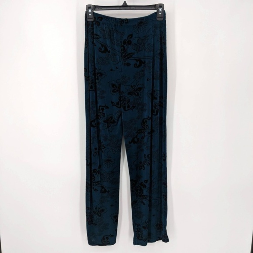 Citiknits Floral Print Elastic Waist Wide Leg Pants Blue Black Women's Size XS - Picture 4 of 5